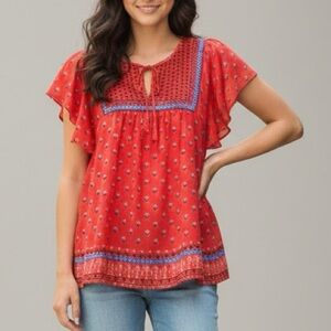 GAP Red Peasant blouse Top MEDIUM Cap Sleeved Flower Print Tie Neck NWOT